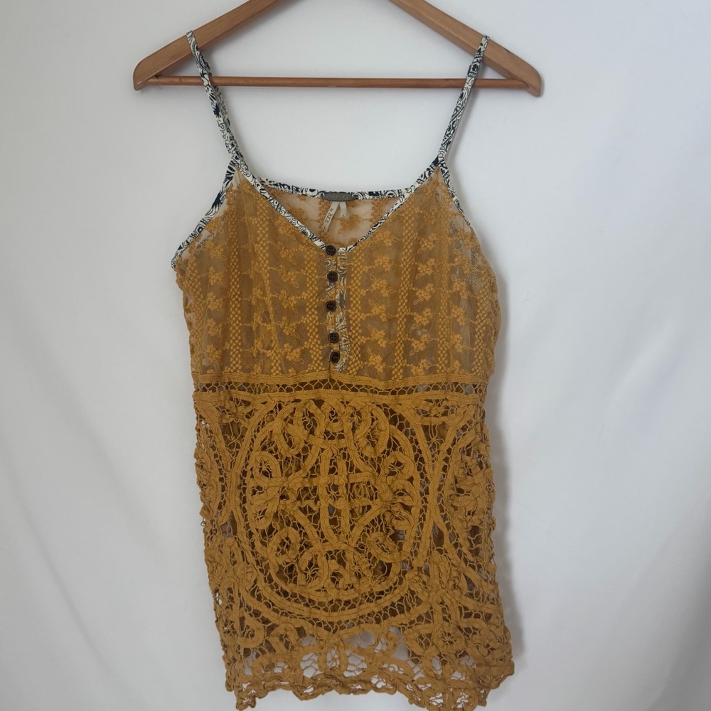 BKE Mustard Lace Top with Button Detail
